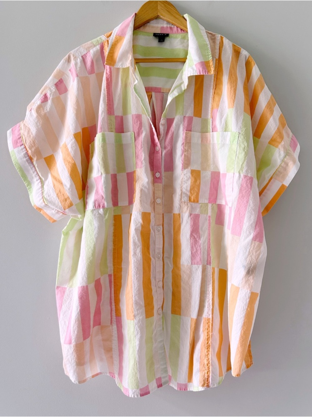 TORRID Button Up Top Neon Stripe Women's 3X Cotton Lightweight Rolled Sleeve